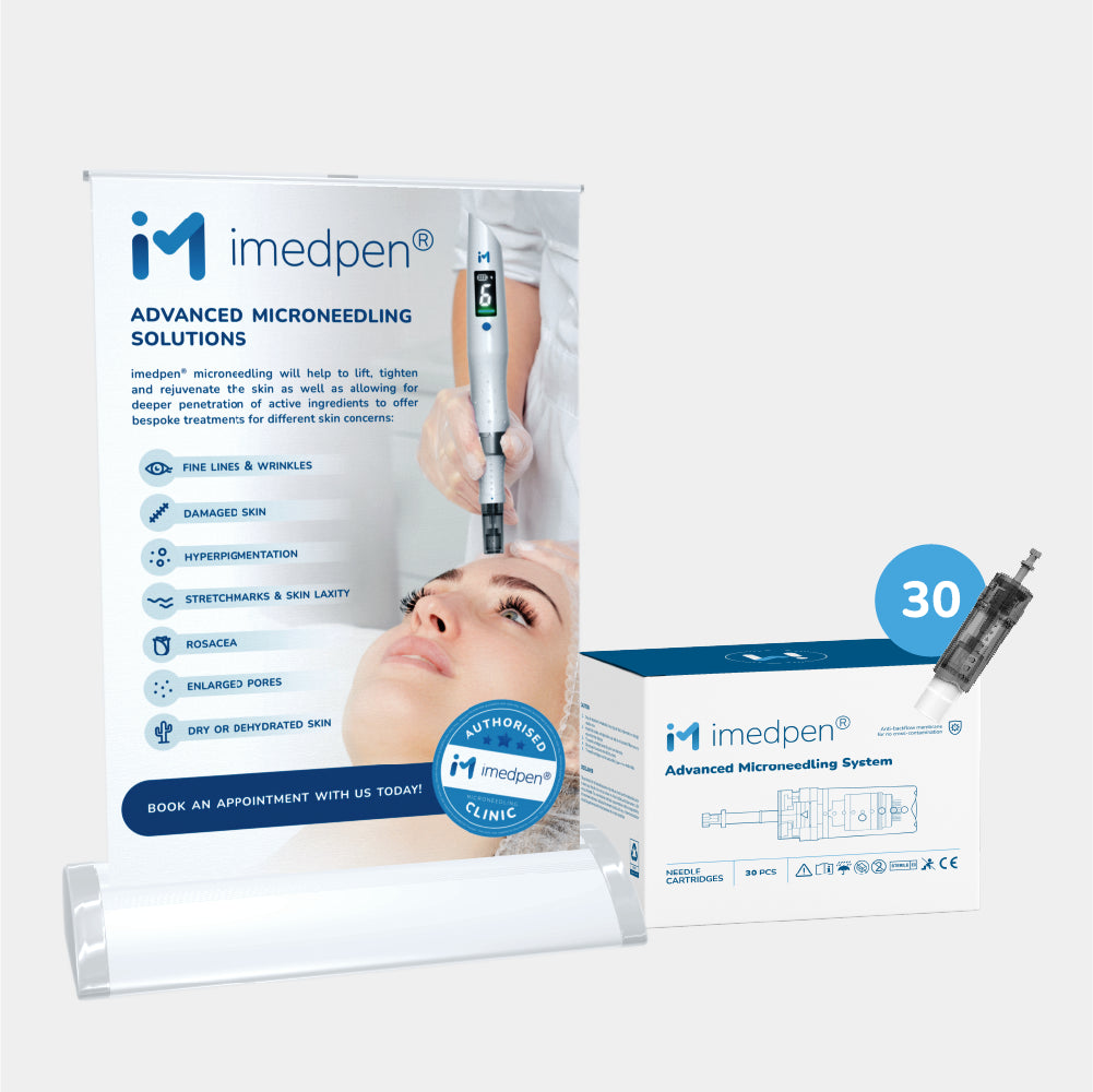 imedpen® Microneedling Tabletop Pull-Up Banner with cartridges