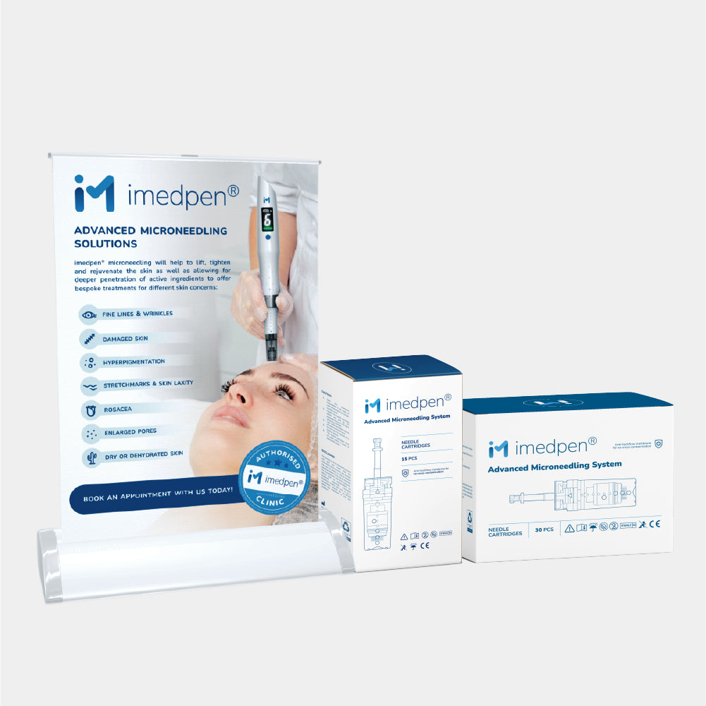 imedpen® Microneedling Tabletop Pull-Up Banner with cartridges