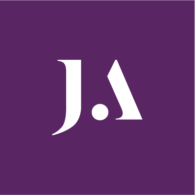 White logo with 'JA' on a purple background
