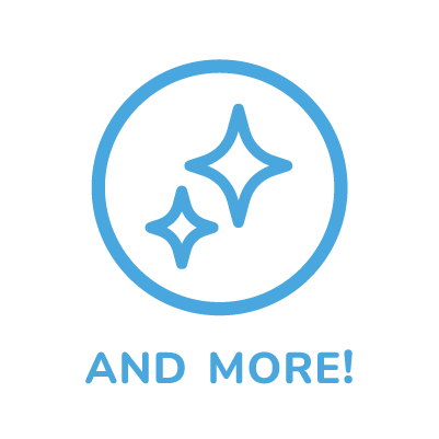 Blue icon with two stars inside a circle and 'AND MORE!' text on a white background