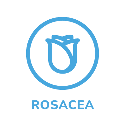 Blue icon of a face with a circular outline and 'ROSACEA' text below on a white background