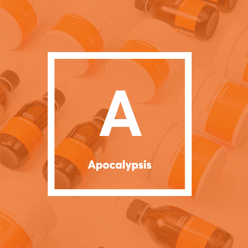 Pattern of orange bottles with 'Apocalypsis' branding on an orange background