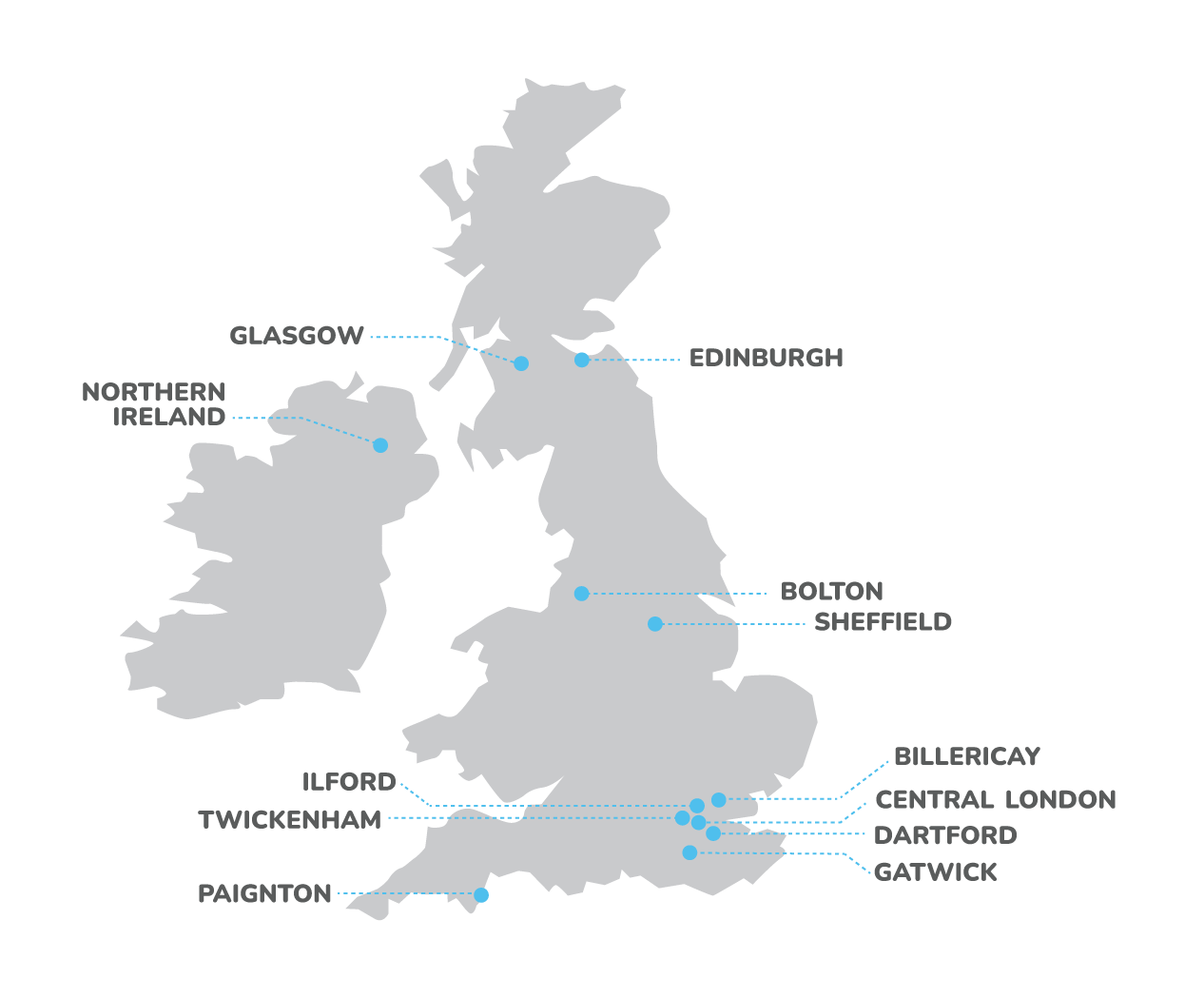 Map of the United Kingdom with labelled locations for imedpen practical training canters