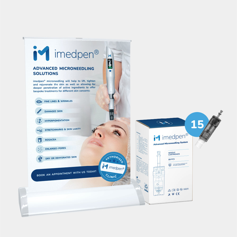imedpen® Microneedling Tabletop Pull-Up Banner with cartridges