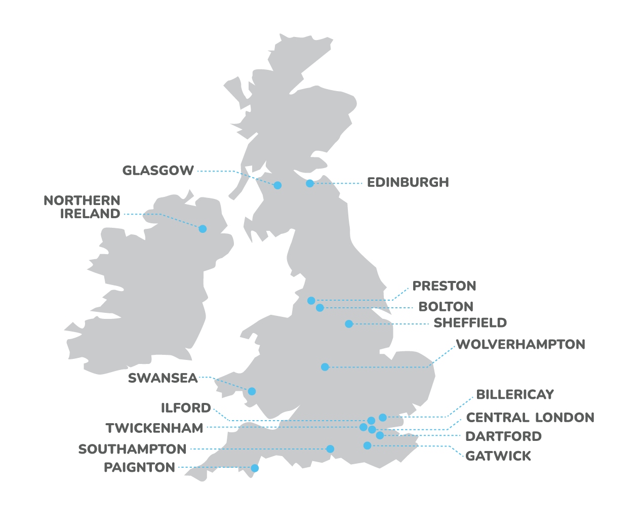 Map of the United Kingdom with labeled cities and locations.