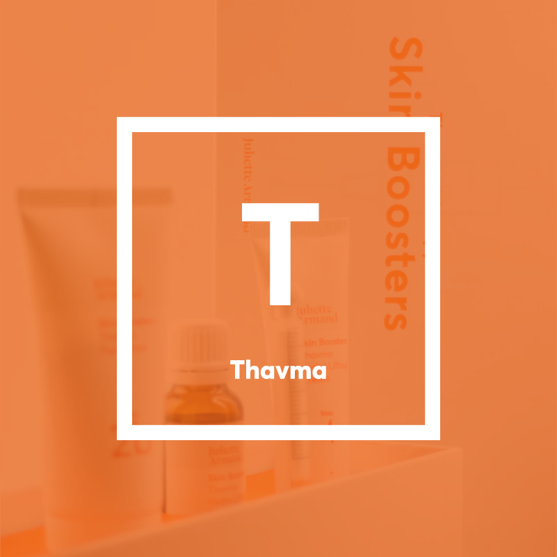 Thavma skincare product with 'T' logo on an orange background